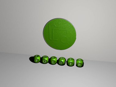 FOLDER 'ın dikey olarak 3B grafiksel görüntüsü ve üst perspektiften metalik kübik harflerle oluşturulan metin, konsept sunumu ve slayt gösterileri için mükemmel. resimleme ve iş