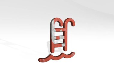 Yüzme havuzu perspektifinden gölgeli görünüyor. Üç boyutlu metalik malzemelerden yapılmış kalın bir heykel. mavi ve su