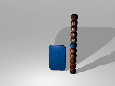 Termometrenin üç boyutlu grafiksel görüntüsü ve üst perspektiften metalik kübik harflerle simgenin etrafına inşa edilen yazı. Konsept sunumu ve slayt gösterileri için mükemmel.