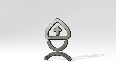 RELIGION MAN Hristiyan iki ışık ile gölge dökme. Metalik heykelin beyaz arka planda, yumuşak desenli üç boyutlu çizimi. Kilise ve mimari