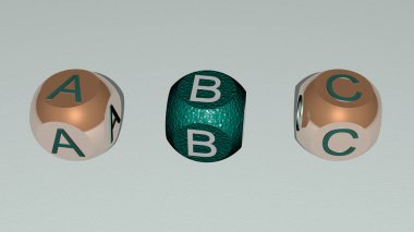 Üst perspektiften gelen kübik harflerle oluşturulan ABC kombinasyonu, konsept sunumu için mükemmel. alfabe ve illüstrasyon