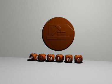 Madencilik grafiklerinin 3 boyutlu çizimi ve metal zar harfleri tarafından konsept ve sunumların ilgili anlamları için yapılan metinler. arkaplan ve bitcoin