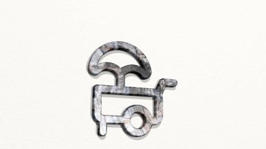 Dondurma standı duvarda. Metalik heykelin beyaz arka planda, yumuşak desenli üç boyutlu çizimi. soğuk ve mavi