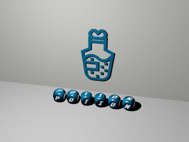 POTION 'un dikey olarak üç boyutlu grafiksel görüntüsü, üst perspektiften metalik kübik harflerle oluşturulan metinlerle birlikte, konsept sunumu ve slayt gösterileri için mükemmel. Resim ve sihir