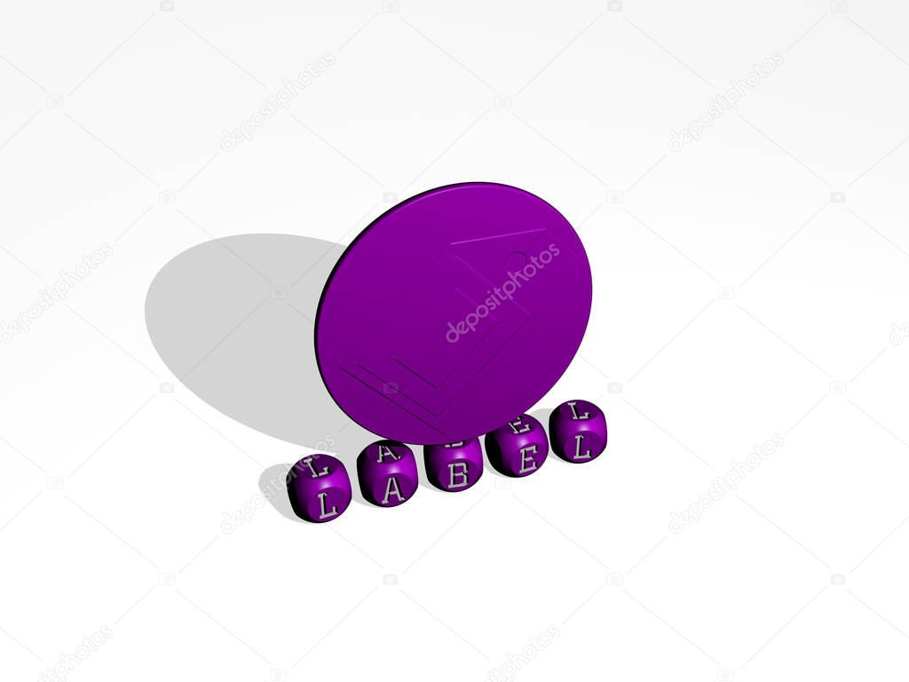 3D representation of label with icon on the wall and text arranged by metallic cubic letters on a mirror floor for concept meaning and slideshow presentation. illustration and design