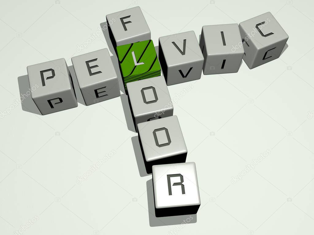 PELVIC FLOOR combined by dice letters and color crossing for the related meanings of the concept. illustration and bone