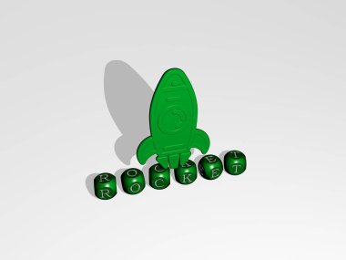 Roketin dikey olarak 3B grafiksel görüntüsü ve üst perspektiften metalik kübik harflerle oluşturulan metinler, konsept sunumu ve slayt gösterileri için mükemmel. resimleme ve boşluk