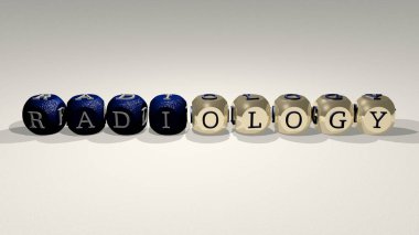 Üst perspektiften gelen kübik harflerle oluşturulan RADIOLOGY kombinasyonu, konsept sunumu için mükemmel. resimleme ve tıbbi