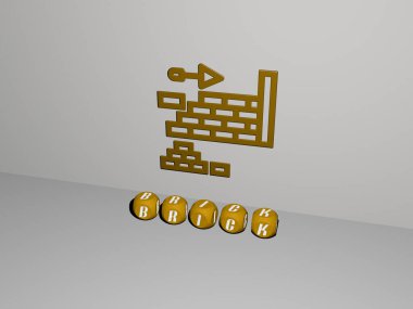 BRICK 'in duvarında simge ve ayna zemininde metalik kübik harflerle konsept ve slayt gösterisi sunumu için düzenlenmiş 3 boyutlu temsili. arkaplan ve mimari