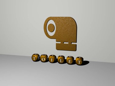 TOIlet 'in dikey olarak 3D grafiksel görüntüsü, üst perspektiften metalik kübik harflerle oluşturulan metinlerle birlikte, konsept sunumu ve slayt gösterileri için mükemmel. banyo ve resimleme