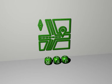 MAP 'nin dikey olarak 3D grafik resmi ve üst perspektiften metalik kübik harflerle oluşturulan metin, konsept sunum ve slayt gösterileri için mükemmel. Resim ve arkaplan