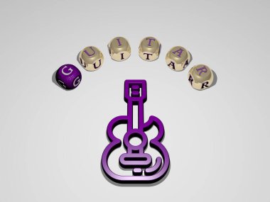 Duvarında ikon olan gitarın 3 boyutlu temsili ve ayna zemininde konsept ve slayt gösterisi sunumu için metalik kübik harflerle düzenlenmiş metin. Resim ve arkaplan