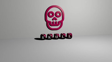 SKULL 'un dikey olarak 3B grafiksel görüntüsü ve üst perspektiften metalik kübik harflerle oluşturulan metin, konsept sunumu ve slayt gösterileri için mükemmel. Resim ve arkaplan