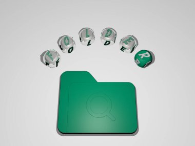 FOLDER grafiklerinin 3 boyutlu çizimi ve konsept ve sunumların ilgili anlamları için metalik zar harflerinin oluşturduğu simgenin etrafındaki metin. iş ve arkaplan