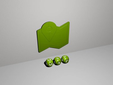 MAP 'nin dikey olarak 3D grafik resmi ve üst perspektiften metalik kübik harflerle oluşturulan metin, konsept sunum ve slayt gösterileri için mükemmel. Resim ve arkaplan