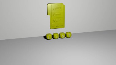 LIST 'nin duvarında simge ve ayna zemininde metalik kübik harflerle konsept ve slayt gösterisi sunumu için düzenlenmiş üç boyutlu temsili. resimleme ve iş