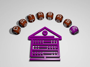 Duvarında ikon olan DATABASE 'ın 3 boyutlu temsili ve ayna zemininde konsept ve slayt gösterisi sunumu için metalik kübik harflerle düzenlenmiş metin. resimleme ve iş