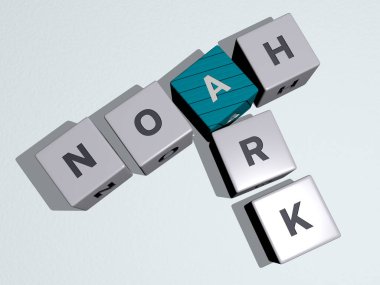 Noah Ark 'ın çapraz bulmacaları ayna zemininde kübik harflerle düzenlenmiş, kavram anlamı ve sunumu. ararat ve mount