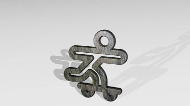 Kaykaycı kişi perspektiften gölge düşürüyor. Üç boyutlu metalik malzemelerden yapılmış kalın bir heykel. Resim ve arkaplan