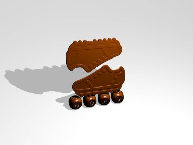 Duvarında ikon olan golfün 3 boyutlu temsili ve kavram ve slayt gösterisi sunumu için ayna zemininde metalik kübik harflerle düzenlenmiş metin. top ve sopa