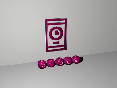 Konsept ve sunumların ilgili anlamları için metalik zar harflerinin oluşturduğu saat grafikleri ve metinlerin 3 boyutlu çizimi. arkaplan ve alarm