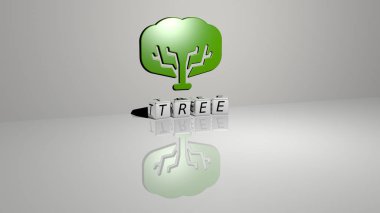 Duvarında ikon olan TREE 'nin 3 boyutlu temsili ve kavram ve slayt gösterisi sunumu için ayna zemininde metalik kübik harflerle düzenlenmiş metin. arkaplan ve Noel