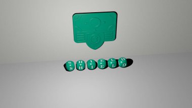 SHIELD 'in duvarında simge ve ayna zemininde metalik küp harflerle konsept ve slayt gösterisi sunumu için düzenlenmiş üç boyutlu temsili. illüstrasyon ve tasarım