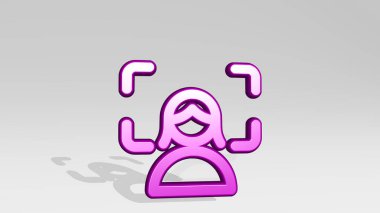 Besteci kadın gölgenin yanında duruyor. Metalik heykelin beyaz arka planda, yumuşak desenli üç boyutlu çizimi. soyut ve tasarım