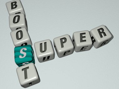 Besin takviyelerinin çapraz bulmacaları: ayna zemininde kübik harflerle süper yükseltme, kavram anlamı ve sunum. Resim ve arkaplan