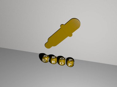 Konsept ve sunumların ilgili anlamları için metalik zar harflerinin oluşturduğu DROP grafikleri ve metnin 3D çizimi. arkaplan ve soyut