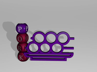 Duvarında ikon olan domuz etinin 3 boyutlu temsili ve kavram ve slayt gösterisi sunumu için ayna zemininde metalik kübik harflerle düzenlenmiş metin. et ve yiyecek