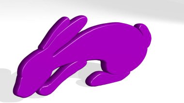 Gölgeli bir perspektiften tavşan. Üç boyutlu metalik malzemelerden yapılmış kalın bir heykel. Resim ve tavşan.