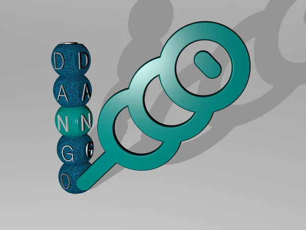 Dango图形的三维图解和围绕图标的文字用金属骰子字母表示概念和表述的相关含义 — 图库照片