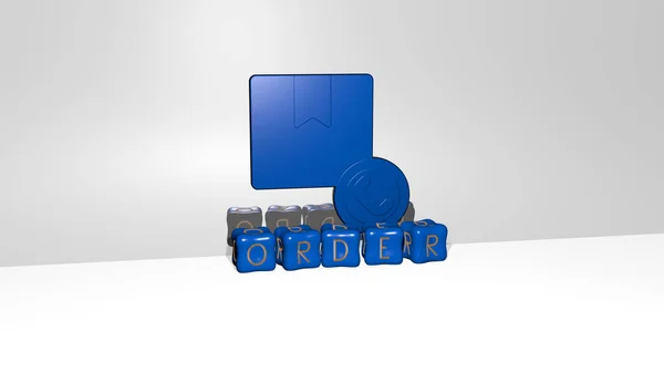 3D representation of ORDER with icon on the wall and text arranged by metallic cubic letters on a mirror floor for concept meaning and slideshow presentation. illustration and business
