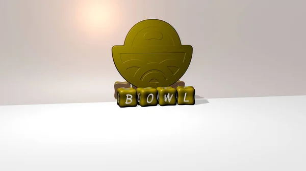 壁にアイコンが描かれたBowlの3D表現と 鏡床に金属製の立方文字が配置されたテキストがコンセプトの意味とスライドショーのプレゼンテーションに使用されます 背景と食べ物 — ストック写真