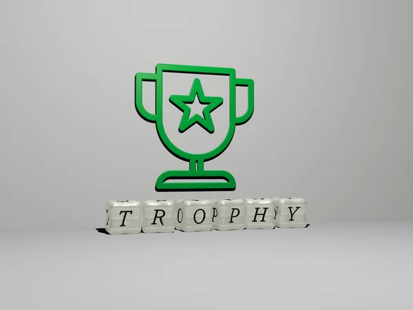 三维图解的Trophy图形和文字的金属骰子字母的相关含义的概念和演示 奖状和奖杯 — 图库照片