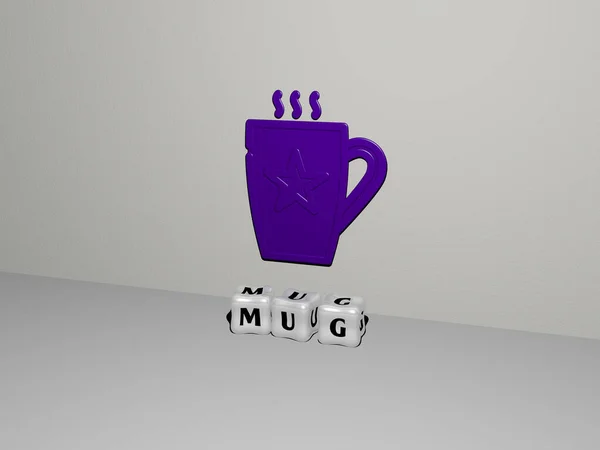 Графическое Изображение Mug Вертикально Вместе Текстом Построенным Металлических Кубических Букв — стоковое фото