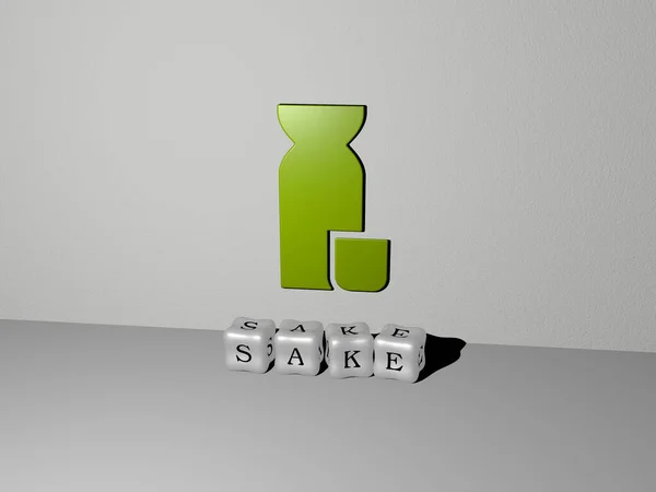 Representation Sake Icon Wall Text Arranged Metallic Cubic Letters Mirror — Stock Photo, Image