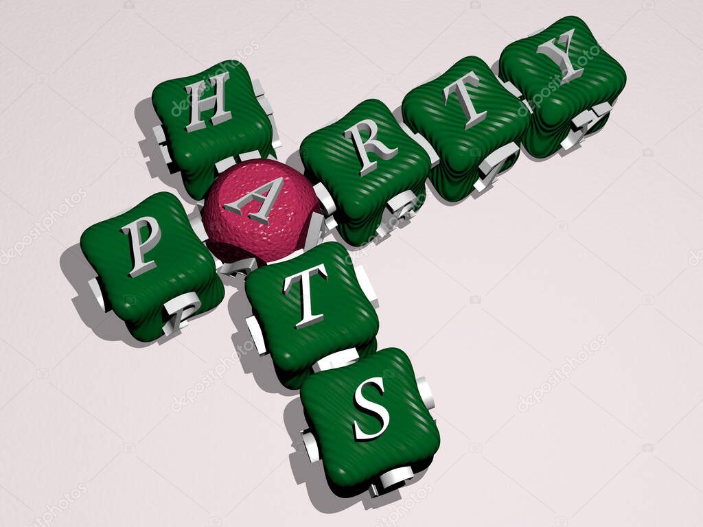 crosswords of party hats arranged by cubic letters on a mirror floor, concept meaning and presentation. illustration and background