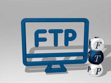 Konsept ve sunumların ilgili anlamları için metalik zar harflerinin oluşturduğu simge etrafındaki ftp grafikleri ve metnin 3B çizimi