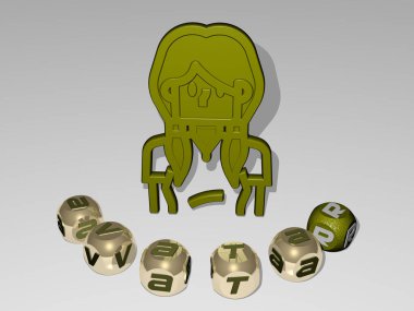 Duvarında ikon olan avatarın 3 boyutlu temsili ve ayna zemininde konsept ve slayt gösterisi sunumu için metalik kübik harflerle düzenlenmiş metin. resimleme ve karakter