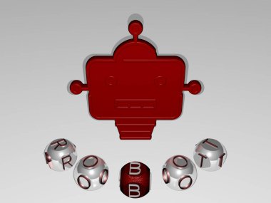 Konsept ve sunumların ilgili anlamları için metalik zar harflerinin oluşturduğu simgenin etrafında robot grafikleri ve metnin üç boyutlu çizimi. yapay ve arkaplan