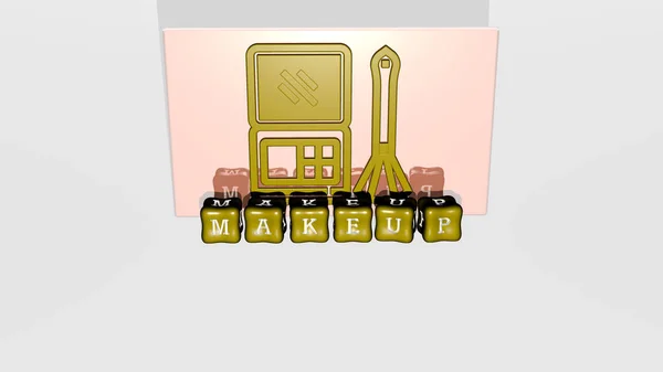 3D representation of MAKEUP with icon on the wall and text arranged by metallic cubic letters on a mirror floor for concept meaning and slideshow presentation. beauty and beautiful