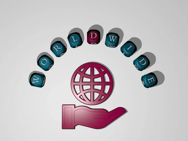 Representação Worldwide Com Ícone Parede Texto Dispostos Por Letras Cúbicas — Fotografia de Stock