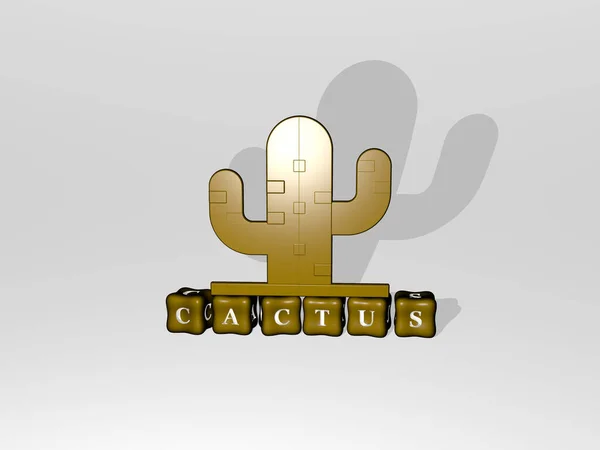 3D graphical image of CACTUS vertically along with text built by metallic cubic letters from the top perspective, excellent for the concept presentation and slideshows. background and illustration