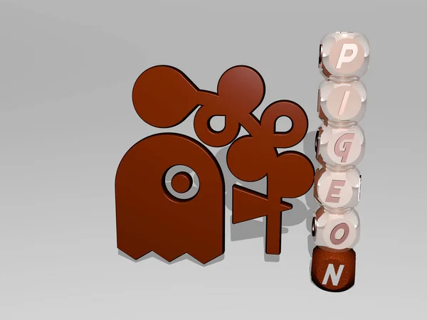 3D illustration of PIGEON graphics and text around the icon made by metallic dice letters for the related meanings of the concept and presentations. bird and dove