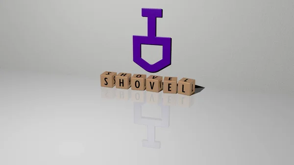 Representation Shovel Icon Wall Text Arranged Metallic Cubic Letters Mirror — Stock Photo, Image