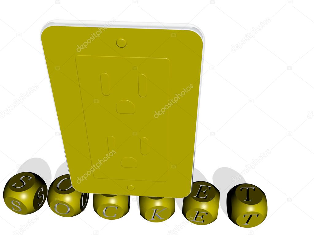 3D illustration of socket graphics and text made by metallic dice letters for the related meanings of the concept and presentations. background and electric