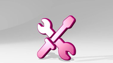 Aydınlık arkaplanda gölgesi olan parlak metalik bir heykelin üç boyutlu bir illüstrasyonuyla yapılmış aletler. ekipman ve tasarım