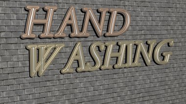 Elin dikey olarak yıkandığı üç boyutlu grafiksel görüntü ve üst perspektiften metalik kübik harflerle yapılmış metinler, konsept sunum ve slayt gösterileri için mükemmel. illüstrasyon